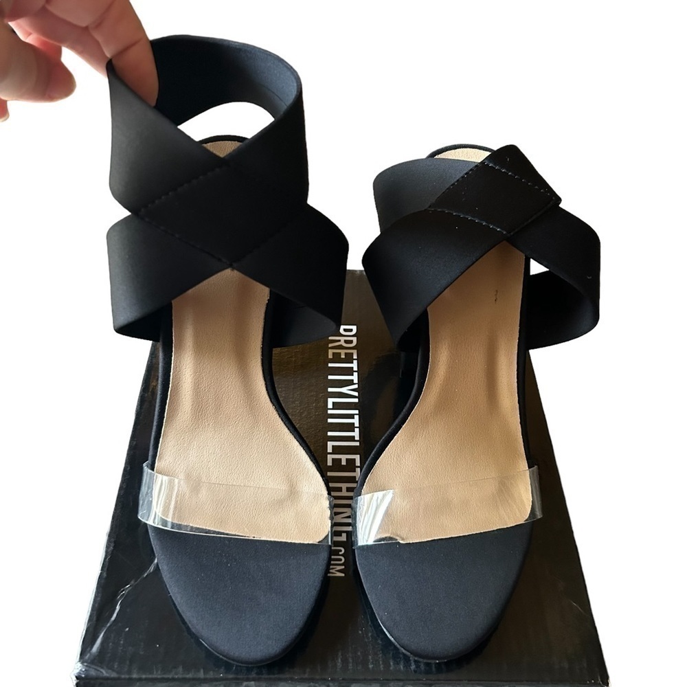 PrettyLittleThing Black Clear Strap Elastic Block Heels Size 6